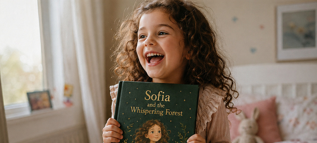 A laughing girl holding up her finished hardcover, Sofia and the Whispering Forest