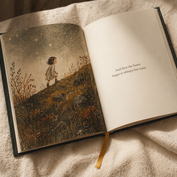 An open hardcover spread: a painterly illustration of a child on a starlit hill, beside the line 'And then the forest began to whisper her name.'